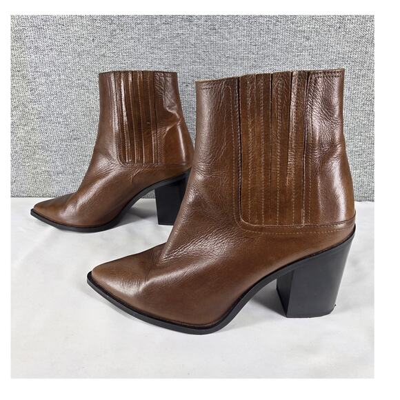 ZARA BASIC WOMEN'S BROWN LEATHER BLOCK HEEL ANKLE BOOTS SIZE EU 37 - US 6.5 - 7 - Picture 2 of 11